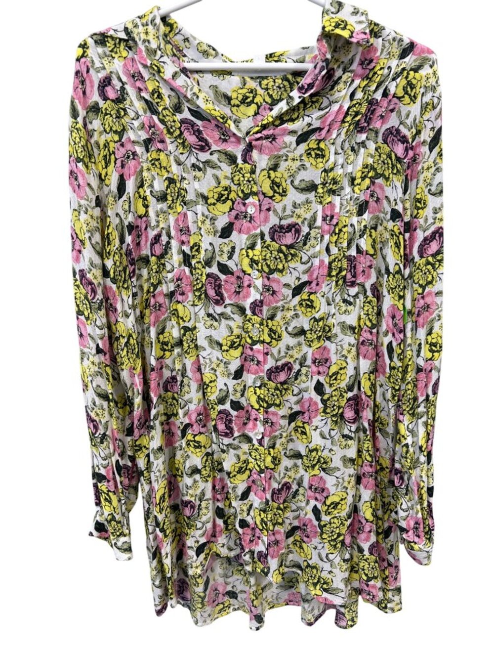 Jane + Delancey Tunic Blouse Small Floral Pintuck Button Front Yellow Pink Boho
